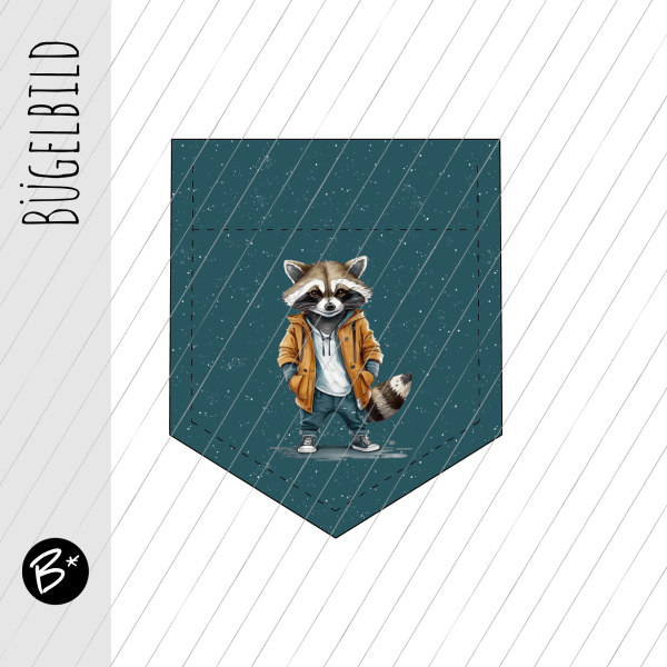 Bügelbild - " Tasche - RACOON  OZEAN PETROL  " - Höhe 9 cm